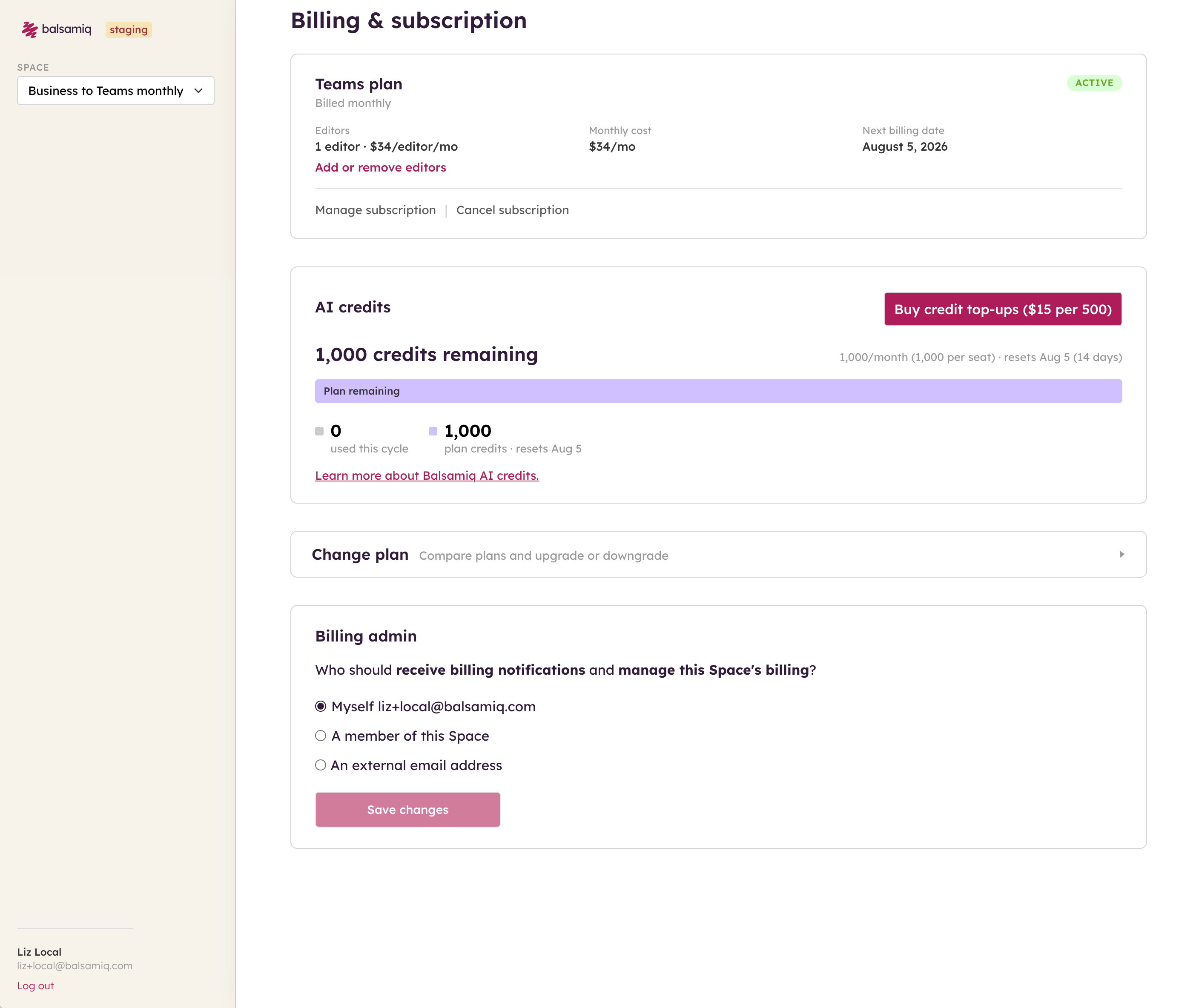 Balsamiq Cloud billing and subscription page showing Teams plan, AI credits usage, and billing admin settings